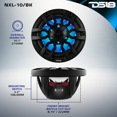 NXL 10" 2-Way Coaxial Marine Speaker With LED RGB Lights 200 Watts Rms 4-Ohm - Black