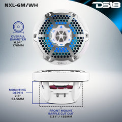 NXL 6.5" 2-Way Coaxial Marine Speaker With LED RGB Lights 100 Watts Rms 4-Ohm - White