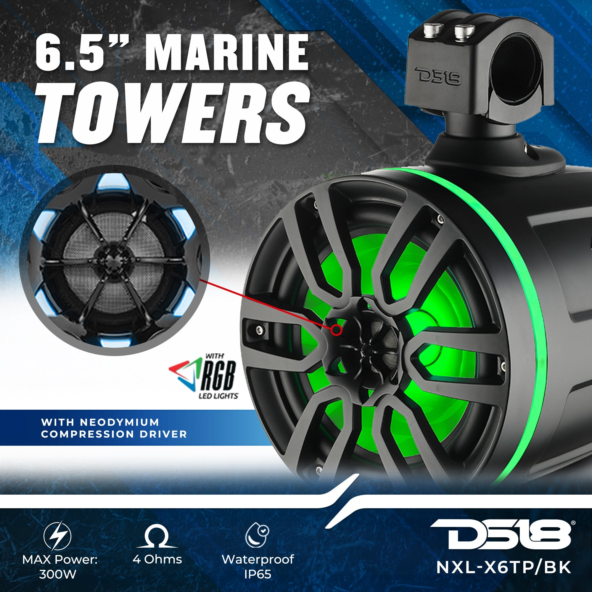 NXL 6.5" Marine and Powersports Towers LED RGB Lights 100 Watts Rms - Black